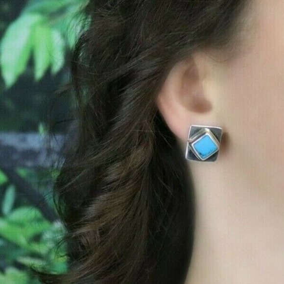 Sterling Silver Turquoise Stud Post Earrings - Picture 3 of 7